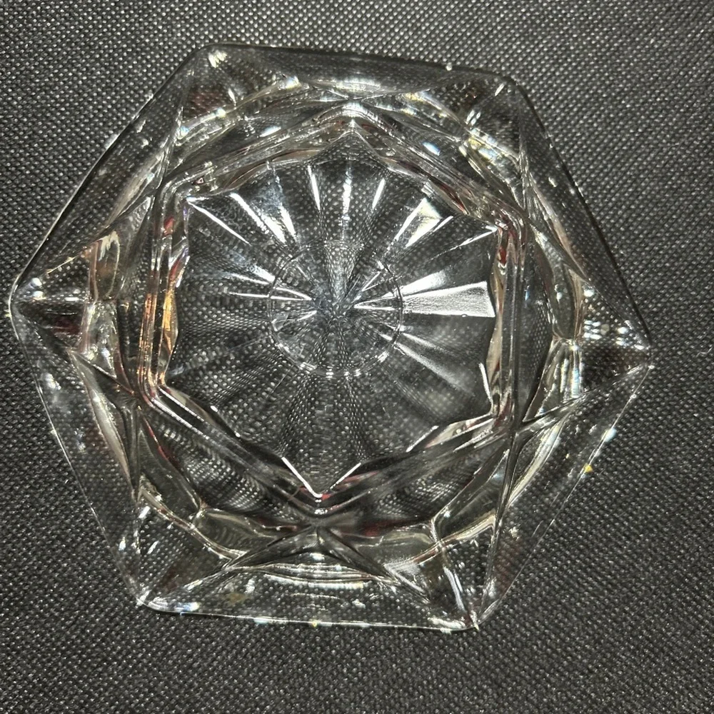 Vintage Hexagonal Starburst Clear Glass Ashtray Mid Century Modern 6 Grooves